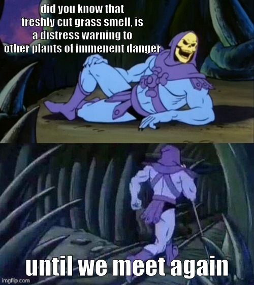 Skeletor disturbing facts | did you know that freshly cut grass smell, is a distress warning to other plants of immenent danger; until we meet again | image tagged in skeletor disturbing facts,grass,freshly cut grass,funny,fun | made w/ Imgflip meme maker