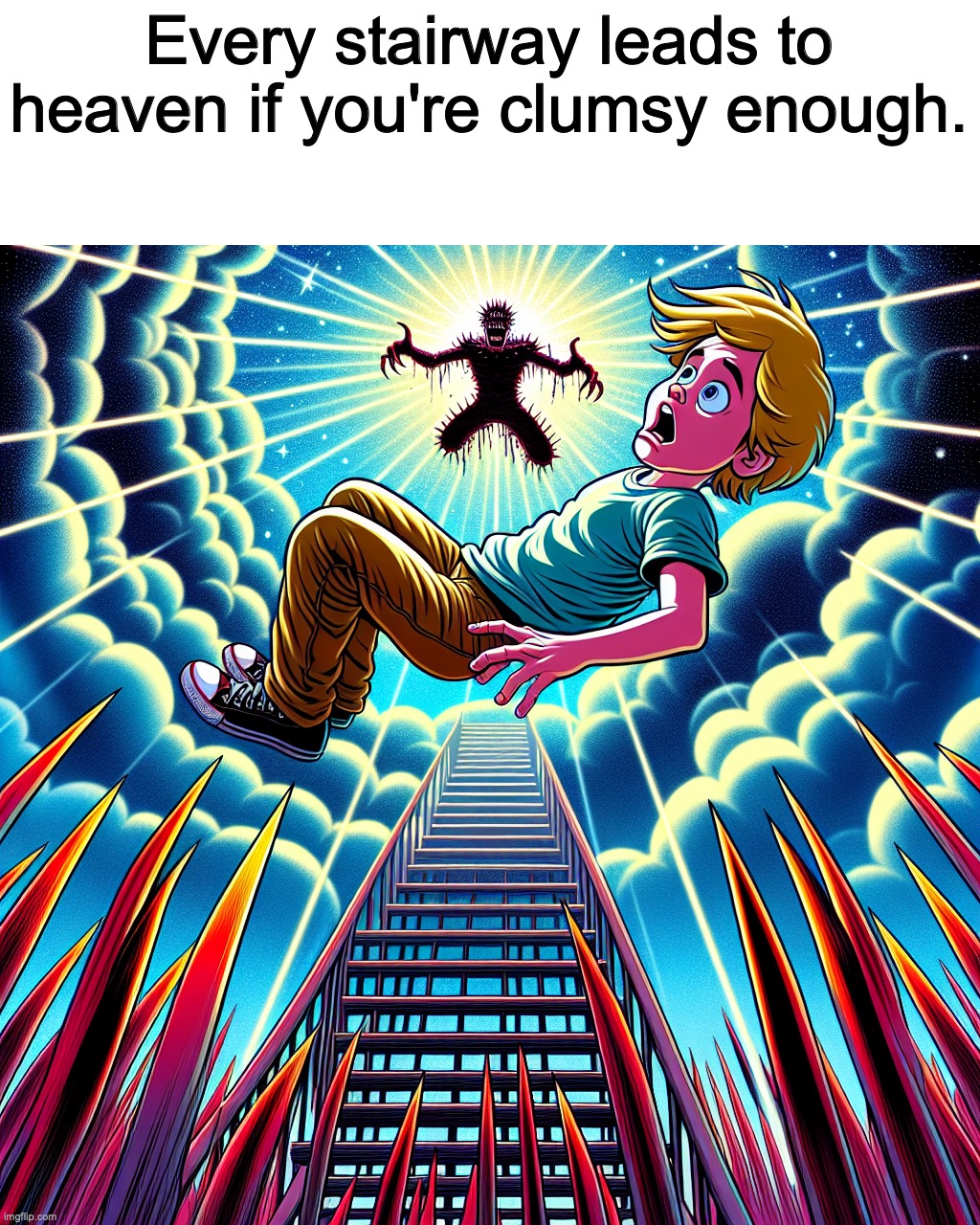 credit goes to DALL•E for the pic  | Every stairway leads to heaven if you're clumsy enough. | image tagged in memes,dark,funny,ginger | made w/ Imgflip meme maker