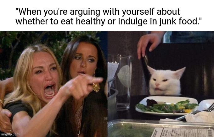 Woman Yelling At Cat | "When you're arguing with yourself about whether to eat healthy or indulge in junk food." | image tagged in memes,woman yelling at cat | made w/ Imgflip meme maker