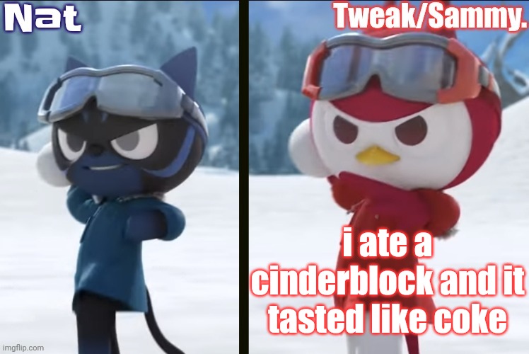 Nat and Tweak announcement temp | i ate a cinderblock and it tasted like coke | image tagged in nat and tweak announcement temp | made w/ Imgflip meme maker