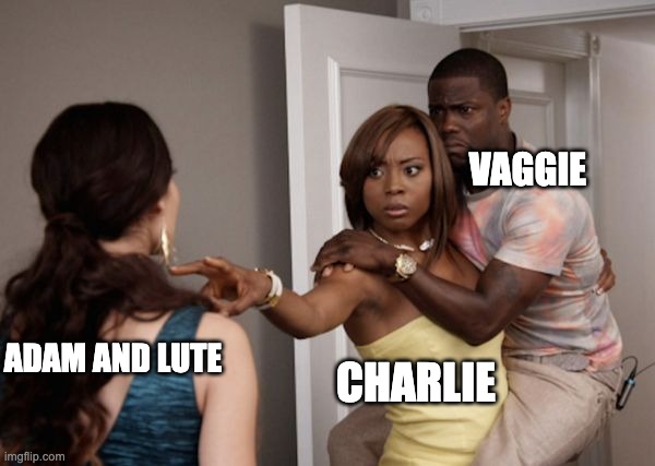 If someone makes fanart of this, I wanna see Vaggie flipping the double bird | VAGGIE; ADAM AND LUTE; CHARLIE | image tagged in protected kevin hart,hazbin hotel | made w/ Imgflip meme maker