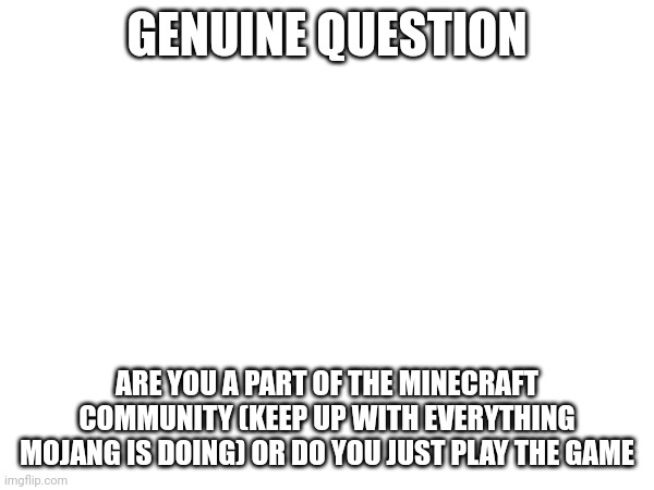 Mojang community | GENUINE QUESTION; ARE YOU A PART OF THE MINECRAFT COMMUNITY (KEEP UP WITH EVERYTHING MOJANG IS DOING) OR DO YOU JUST PLAY THE GAME | image tagged in minecraft,community,minecraft community,question | made w/ Imgflip meme maker