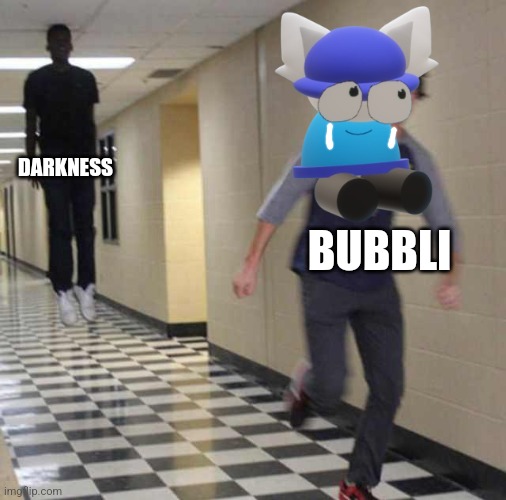 Bubbli has nyctophobia (Yes, Idk, you may draw so you don't have to ask) | DARKNESS; BUBBLI | image tagged in floating boy chasing running boy,nyctophobia,bubbli,vsbanbodi,dave and bambi | made w/ Imgflip meme maker