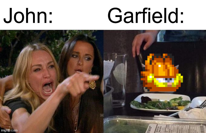 Woman Yelling At Cat Meme | John:; Garfield: | image tagged in memes,woman yelling at cat | made w/ Imgflip meme maker