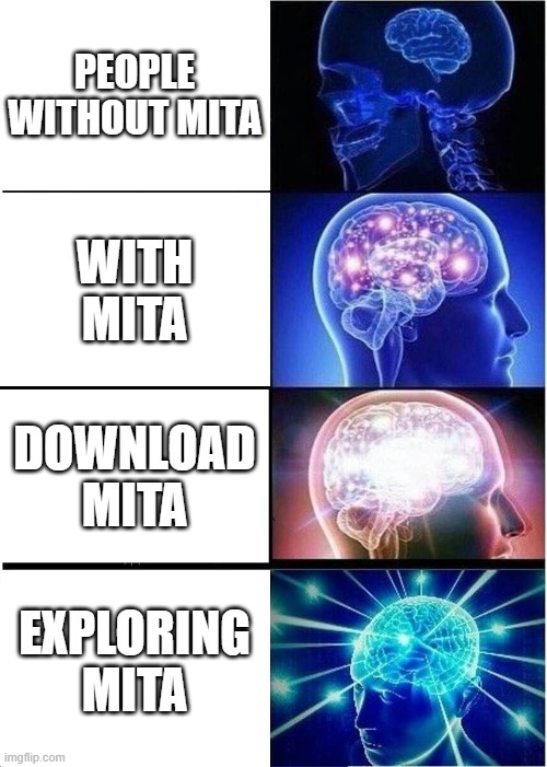 MITA | PEOPLE WITHOUT MITA; WITH MITA; DOWNLOAD MITA; EXPLORING MITA | image tagged in memes,expanding brain | made w/ Imgflip meme maker