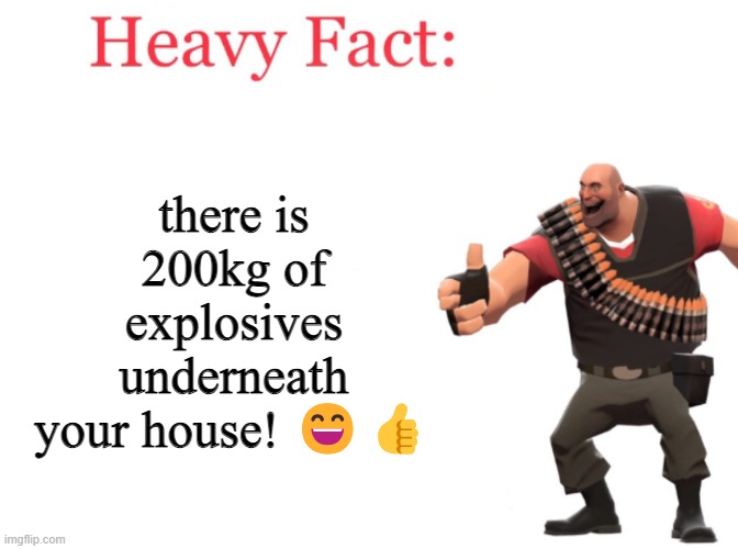 Heavy fact | there is 200kg of explosives underneath your house! 😄👍 | image tagged in heavy fact | made w/ Imgflip meme maker