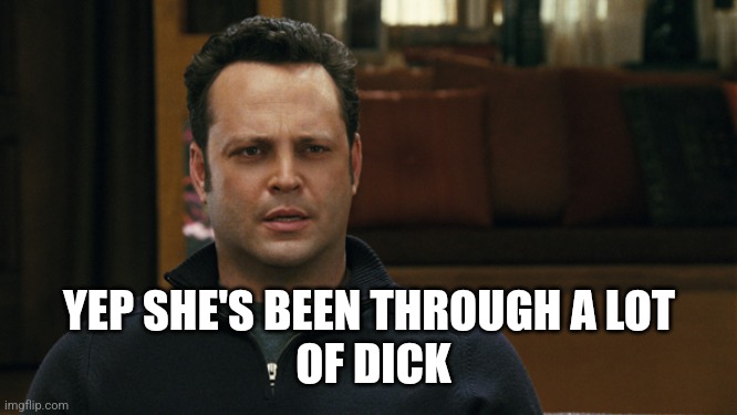 Vince Vaughn Confident | YEP SHE'S BEEN THROUGH A LOT
  OF DICK | image tagged in vince vaughn confident | made w/ Imgflip meme maker