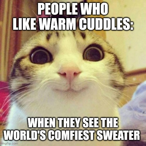 World's comfiest sweater | PEOPLE WHO LIKE WARM CUDDLES:; WHEN THEY SEE THE WORLD'S COMFIEST SWEATER | image tagged in memes,smiling cat,wholesome,adorable,jpfan102504 | made w/ Imgflip meme maker