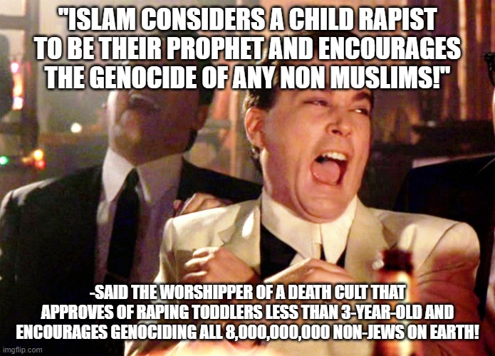 "ISLAM CONSIDERS A CHILD RAPIST TO BE THEIR PROPHET AND ENCOURAGES THE GENOCIDE OF ANY NON MUSLIMS!" -SAID THE WORSHIPPER OF A DEATH CULT TH | image tagged in memes,good fellas hilarious | made w/ Imgflip meme maker