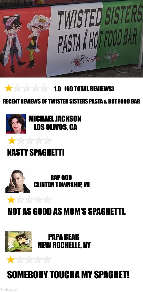 Reviews for Twisted Sisters Pasta & Hot Food Bar | 1.0   (69 TOTAL REVIEWS); RECENT REVIEWS OF TWISTED SISTERS PASTA & HOT FOOD BAR; MICHAEL JACKSON 
LOS OLIVOS, CA; NASTY SPAGHETTI; RAP GOD 
CLINTON TOWNSHIP, MI; NOT AS GOOD AS MOM’S SPAGHETTI. PAPA BEAR 
NEW ROCHELLE, NY; SOMEBODY TOUCHA MY SPAGHET! | image tagged in twisted sisters,michael jackson,somebody toucha my spaghet,spaghetti,eminem,reviews | made w/ Imgflip meme maker