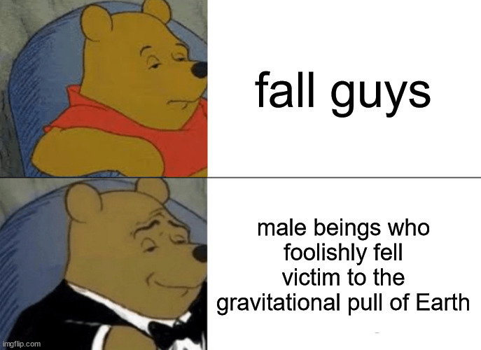 Tuxedo Winnie The Pooh Meme | fall guys; male beings who foolishly fell victim to the gravitational pull of Earth | image tagged in memes,tuxedo winnie the pooh | made w/ Imgflip meme maker