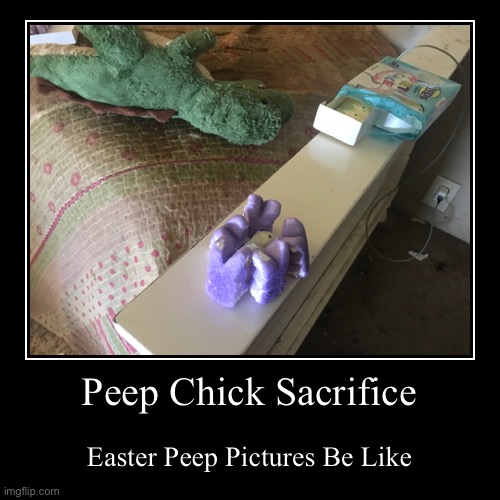 Peep Bunnies Sacrificing A Peep Chick | Peep Chick Sacrifice | Easter Peep Pictures Be Like | image tagged in funny,demotivationals | made w/ Imgflip demotivational maker