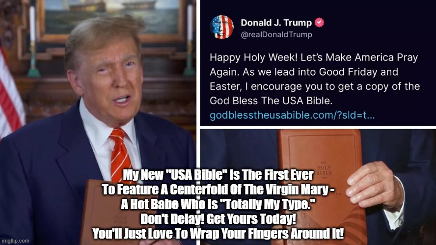 New Trump Bible Features A Centerfold Of The Virgin Mary | My New "USA Bible" Is The First Ever
To Feature A Centerfold Of The Virgin Mary -
A Hot Babe Who Is "Totally My Type."
Don't Delay! Get Yours Today!
You'll Just Love To Wrap Your Fingers Around It! | image tagged in god bless the usa bible,trump bible,centerfold | made w/ Imgflip meme maker