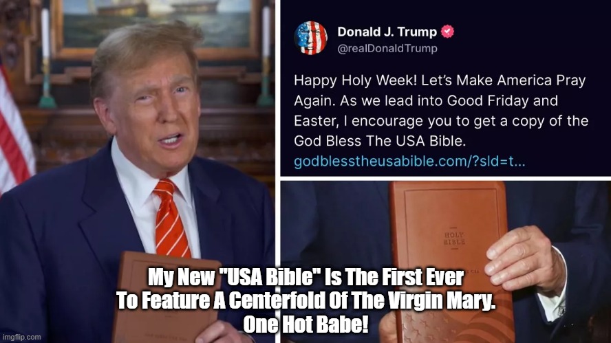 My New "USA Bible" Features A Centerfold Of The Virgin Mary. One Hot Babe! And, She's My Type | My New "USA Bible" Is The First Ever
To Feature A Centerfold Of The Virgin Mary.
One Hot Babe! | image tagged in trump bible,usa bible,centerfold | made w/ Imgflip meme maker