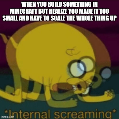 this is why I always plan out my mc builds | WHEN YOU BUILD SOMETHING IN MINECRAFT BUT REALIZE YOU MADE IT TOO SMALL AND HAVE TO SCALE THE WHOLE THING UP | image tagged in jake the dog internal screaming | made w/ Imgflip meme maker