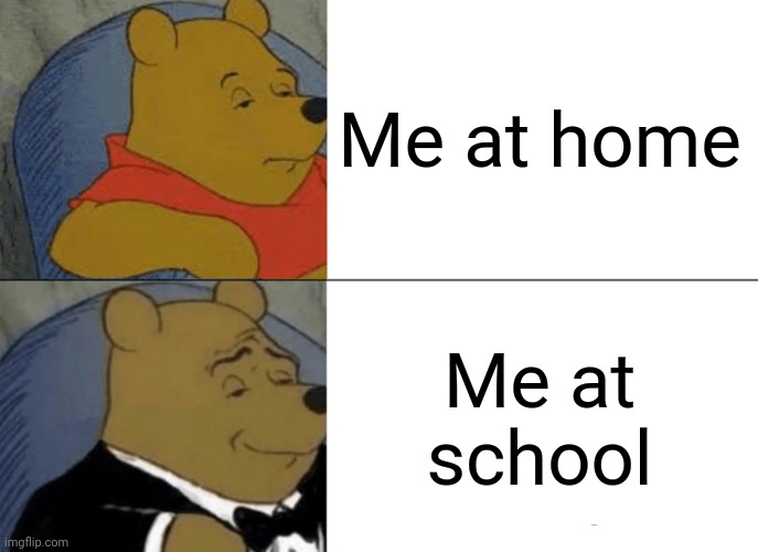 Home vs school | Me at home; Me at school | image tagged in memes,tuxedo winnie the pooh | made w/ Imgflip meme maker