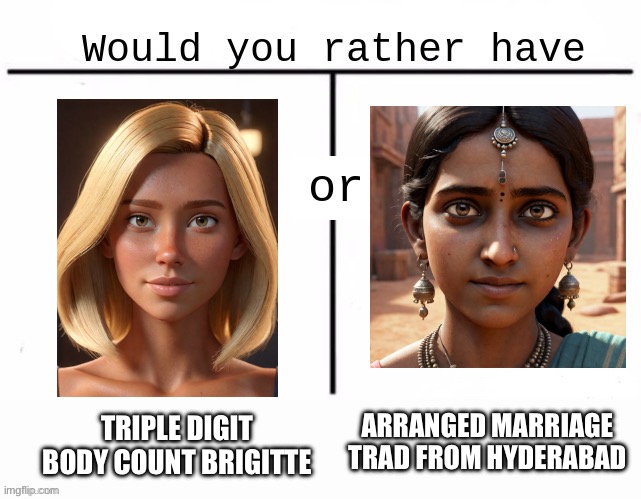 Would you rather have template | ARRANGED MARRIAGE TRAD FROM HYDERABAD; TRIPLE DIGIT BODY COUNT BRIGITTE | image tagged in would you rather have template | made w/ Imgflip meme maker