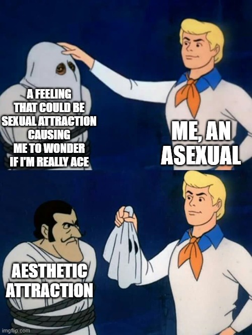 This happens EVERY SINGLE TIME i feel aesthetic attraction. | A FEELING THAT COULD BE SEXUAL ATTRACTION CAUSING ME TO WONDER IF I'M REALLY ACE; ME, AN ASEXUAL; AESTHETIC ATTRACTION | image tagged in scooby doo mask reveal | made w/ Imgflip meme maker