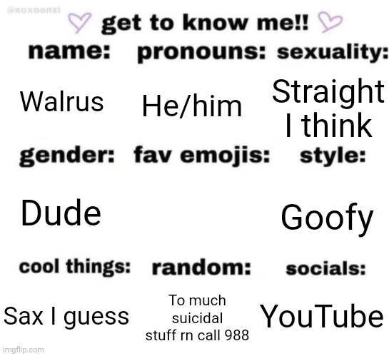 get to know me but better | Walrus; He/him; Straight I think; Goofy; Dude; YouTube; To much suicidal stuff rn call 988; Sax I guess | image tagged in get to know me but better | made w/ Imgflip meme maker