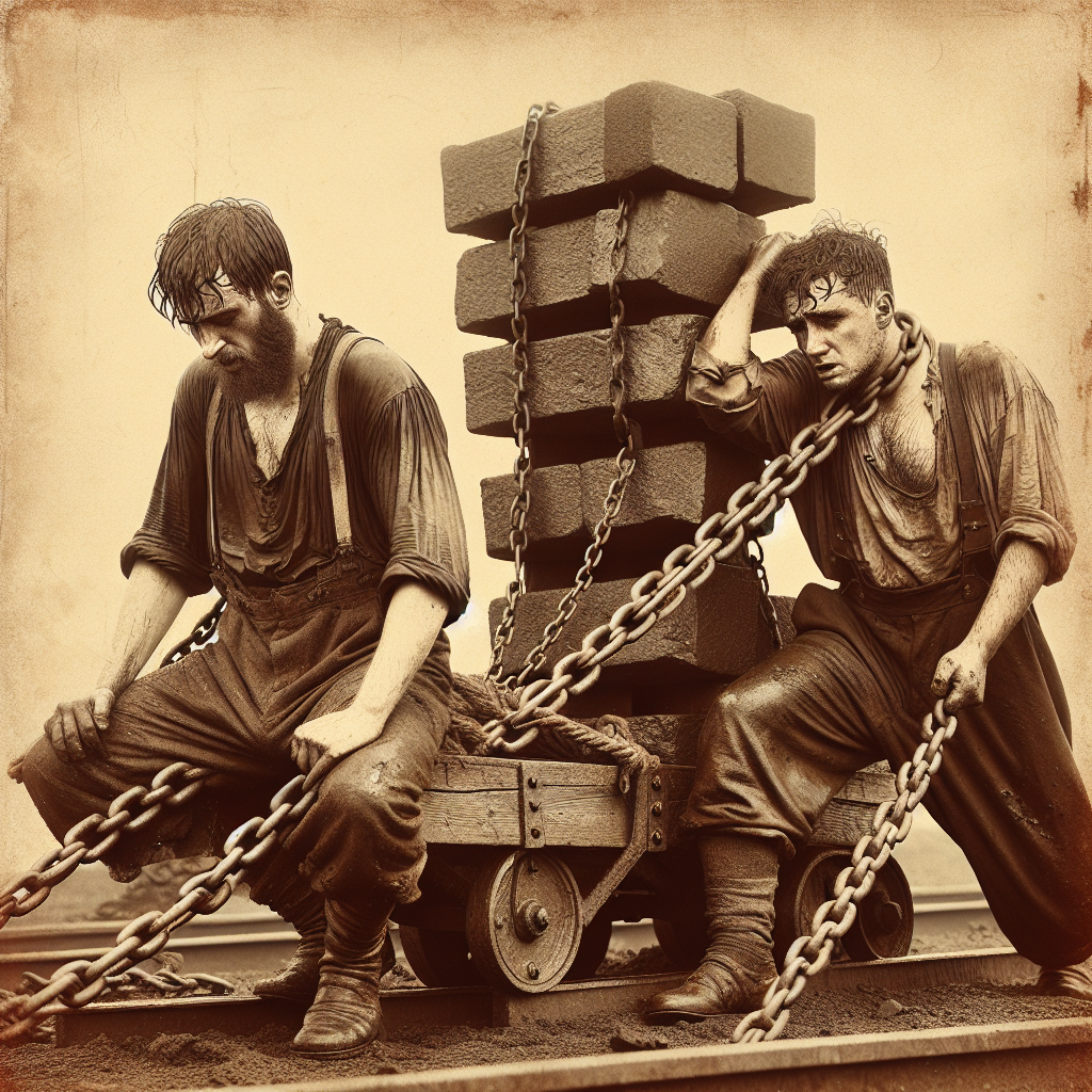 Men in Chains Pull Heavy Rail Cart Blank Meme Template