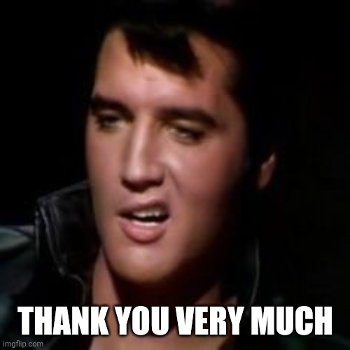 Elvis, thank you | THANK YOU VERY MUCH | image tagged in elvis thank you | made w/ Imgflip meme maker