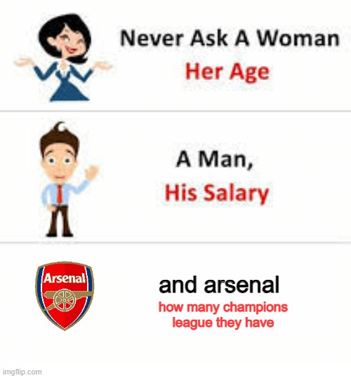 arsenal and their ucl | and arsenal; how many champions league they have | image tagged in sport,soccer,arsenal,champions league,football,memes | made w/ Imgflip meme maker