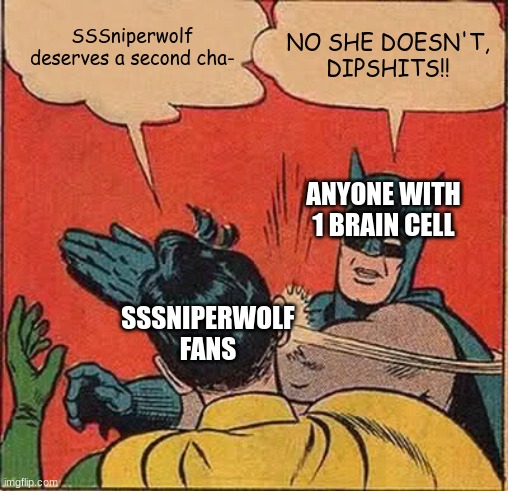 Stupid SSSniperwolf Simps... | SSSniperwolf deserves a second cha-; NO SHE DOESN'T, DIPSHITS!! ANYONE WITH 1 BRAIN CELL; SSSNIPERWOLF FANS | image tagged in memes,batman slapping robin | made w/ Imgflip meme maker