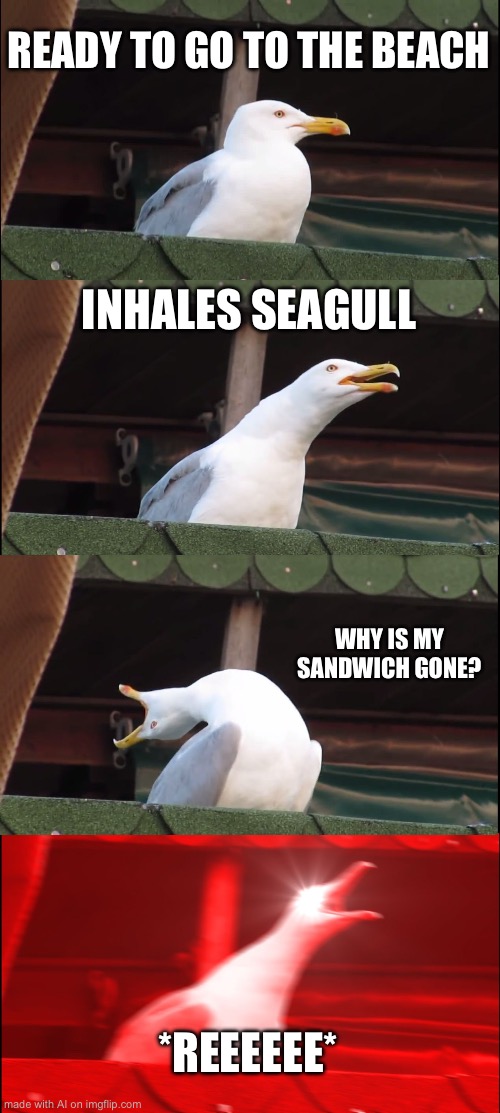 Inhaling Seagull | READY TO GO TO THE BEACH; INHALES SEAGULL; WHY IS MY SANDWICH GONE? *REEEEEE* | image tagged in memes,inhaling seagull | made w/ Imgflip meme maker