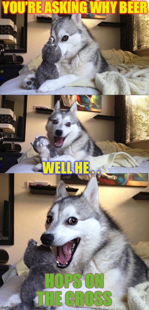 Bad Joke Dog | YOU’RE ASKING WHY BEER HOPS ON THE CROSS WELL HE . . | image tagged in bad joke dog | made w/ Imgflip meme maker