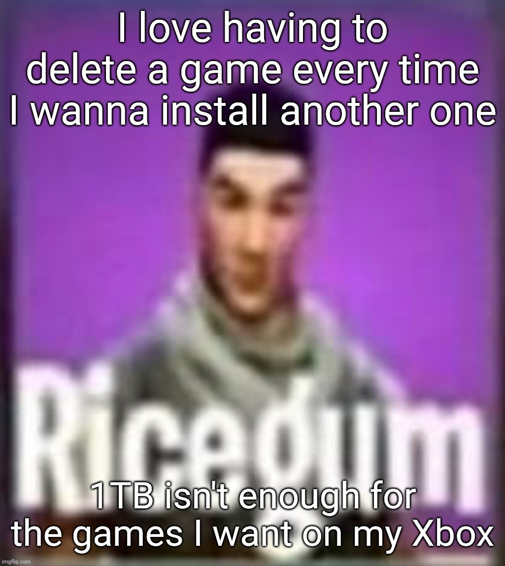 Ricegum | I love having to delete a game every time I wanna install another one; 1TB isn't enough for the games I want on my Xbox | image tagged in ricegum | made w/ Imgflip meme maker
