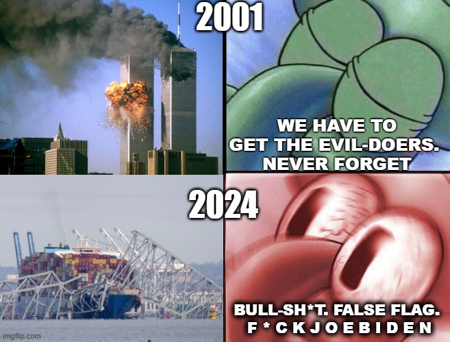 True Progress In America | 2001; WE HAVE TO GET THE EVIL-DOERS. 
NEVER FORGET; 2024; BULL-SH*T. FALSE FLAG. 
F * C K J O E B I D E N | image tagged in squidward awakening | made w/ Imgflip meme maker