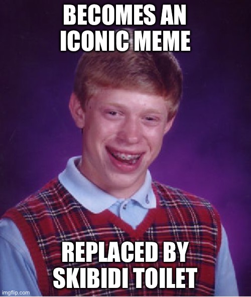 What happened to actually funny memes | BECOMES AN ICONIC MEME; REPLACED BY SKIBIDI TOILET | image tagged in memes,bad luck brian,skibidi toilet,gen alpha,nostalgia,relatable | made w/ Imgflip meme maker