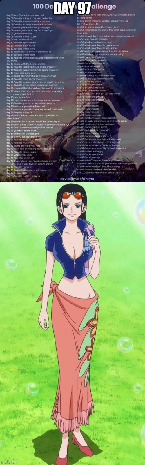 Day 97: Nico Robin (One Piece) | DAY 97 | image tagged in 100 day anime challenge | made w/ Imgflip meme maker