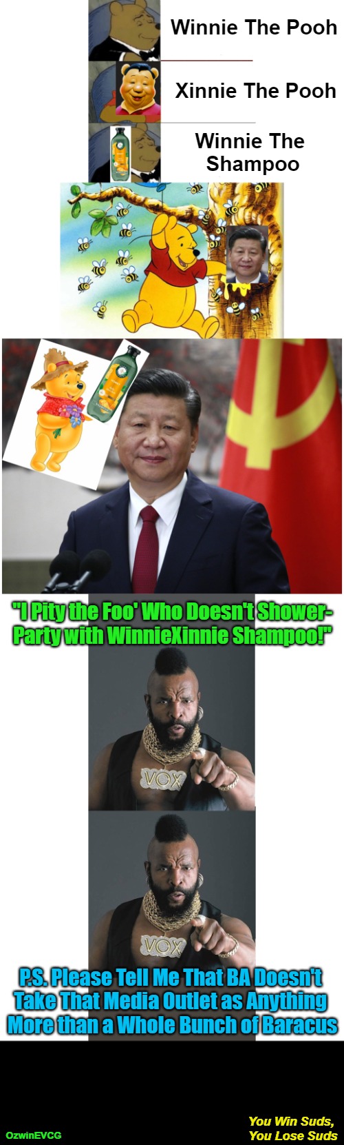 You Win Suds, You Lose Suds [NV] | Winnie The Pooh; ________; Xinnie The Pooh; Winnie The 

Shampoo; "I Pity the Foo' Who Doesn't Shower-

Party with WinnieXinnie Shampoo!"; P.S. Please Tell Me That BA Doesn't 

Take That Media Outlet as Anything 

More than a Whole Bunch of Baracus; You Win Suds, 

You Lose Suds; OzwinEVCG | image tagged in xi jinping,winnie the pooh,truly organic experiences,xinnie the pooh,golden showers,pity the fool | made w/ Imgflip meme maker