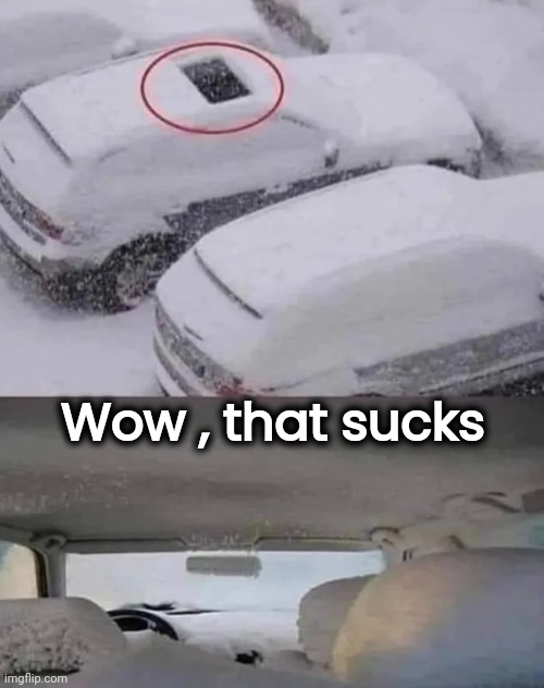 You had to have a Sunroof | Wow , that sucks | image tagged in snow joke,cold,wet,my dissapointment is immeasurable and my day is ruined | made w/ Imgflip meme maker