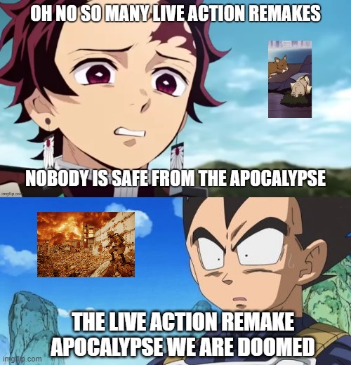 tanjiro warns vegeta | THE LIVE ACTION REMAKE APOCALYPSE WE ARE DOOMED | image tagged in tanjiro and the apocalypse,warning,warning label,vegeta,demon slayer,apocalypse | made w/ Imgflip meme maker