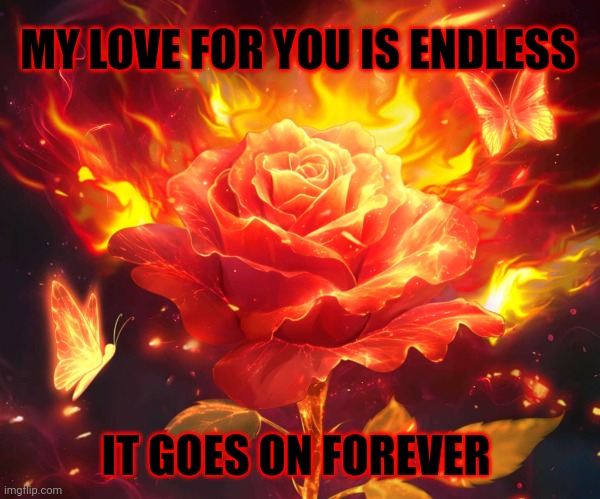 Flaming Rose | MY LOVE FOR YOU IS ENDLESS; IT GOES ON FOREVER | image tagged in flaming rose | made w/ Imgflip meme maker