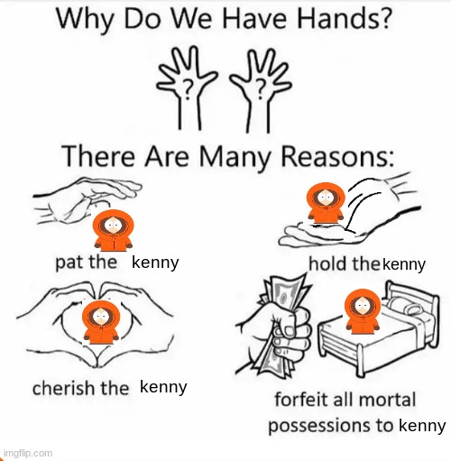 Another South Park Meme I Made | kenny; kenny; kenny; kenny | image tagged in why do we have hands all blank | made w/ Imgflip meme maker