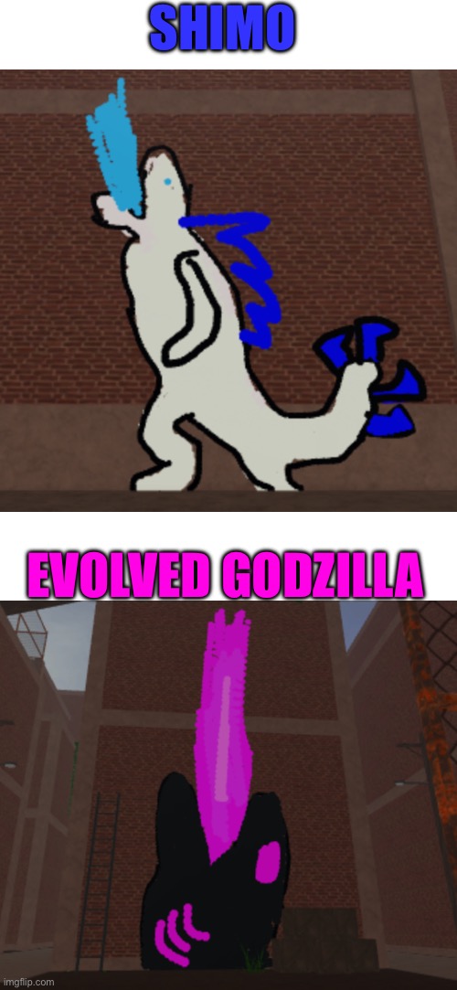 I drew Godzilla and Shimo in Roblox Spray Paint (I know there bad cuz I’m on a phone) | SHIMO; EVOLVED GODZILLA | image tagged in godzilla,shimo | made w/ Imgflip meme maker