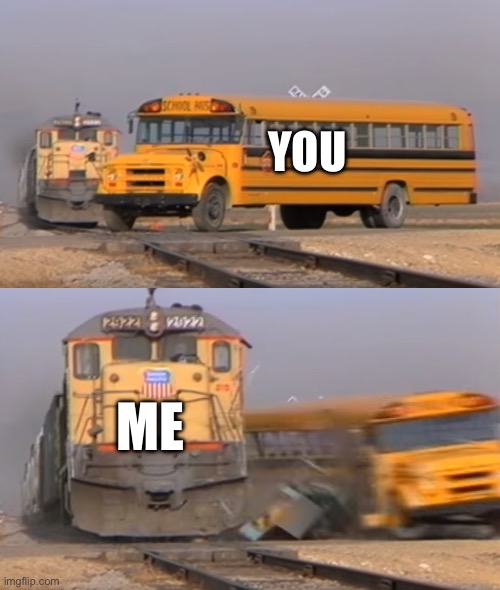 A train hitting a school bus | YOU; ME | image tagged in a train hitting a school bus | made w/ Imgflip meme maker