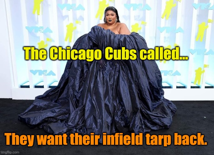 Lizzo wearing a tarp | The Chicago Cubs called... They want their infield tarp back. | image tagged in lizzo wearing a tarp | made w/ Imgflip meme maker