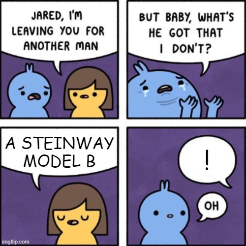 Jared, I'm leaving you for another man | A STEINWAY MODEL B; ! | image tagged in jared i'm leaving you for another man | made w/ Imgflip meme maker