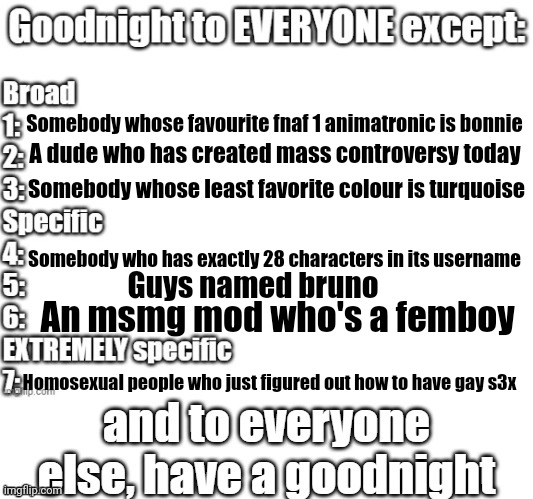 goodnight to everyone except | Somebody whose favourite fnaf 1 animatronic is bonnie; A dude who has created mass controversy today; Somebody whose least favorite colour is turquoise; Somebody who has exactly 28 characters in its username; Guys named bruno; An msmg mod who's a femboy; Homosexual people who just figured out how to have gay s3x | image tagged in goodnight to everyone except | made w/ Imgflip meme maker