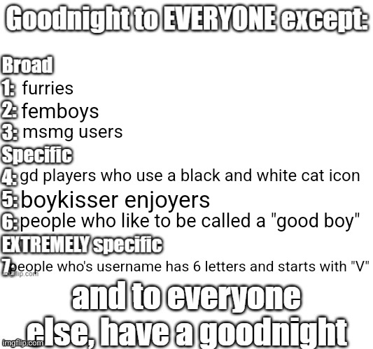 not talking about anyone in specific | furries; femboys; msmg users; gd players who use a black and white cat icon; boykisser enjoyers; people who like to be called a "good boy"; people who's username has 6 letters and starts with "V" | image tagged in goodnight to everyone except | made w/ Imgflip meme maker