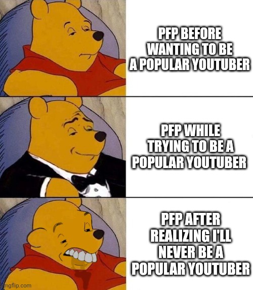 title | PFP BEFORE WANTING TO BE A POPULAR YOUTUBER; PFP WHILE TRYING TO BE A POPULAR YOUTUBER; PFP AFTER REALIZING I'LL NEVER BE A POPULAR YOUTUBER | image tagged in best better blurst | made w/ Imgflip meme maker