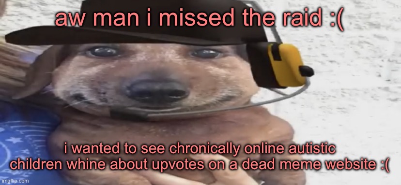 chucklenuts | aw man i missed the raid :(; i wanted to see chronically online autistic children whine about upvotes on a dead meme website :( | image tagged in chucklenuts | made w/ Imgflip meme maker