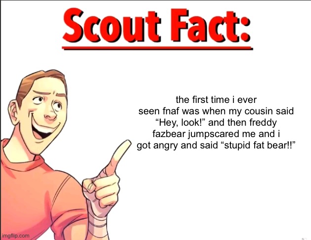 i was like 9 | the first time i ever seen fnaf was when my cousin said “Hey, look!” and then freddy fazbear jumpscared me and i got angry and said “stupid fat bear!!” | image tagged in scout fact | made w/ Imgflip meme maker