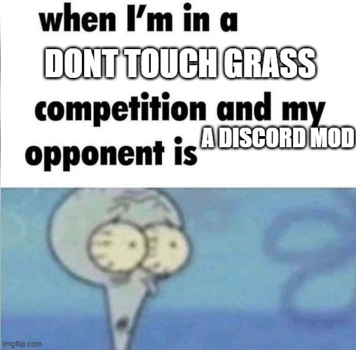whe i'm in a competition and my opponent is | DONT TOUCH GRASS; A DISCORD MOD | image tagged in whe i'm in a competition and my opponent is | made w/ Imgflip meme maker