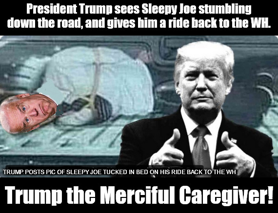 "Maximus the Merciful" | President Trump sees Sleepy Joe stumbling down the road, and gives him a ride back to the WH. TRUMP POSTS PIC OF SLEEPY JOE TUCKED IN BED ON HIS RIDE BACK TO THE WH; Trump the Merciful Caregiver! | image tagged in memes,politics,biden,trump | made w/ Imgflip meme maker