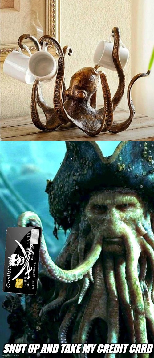 YOU CAN ONLY FIT 8 MUGS ON IT THOUGH | SHUT UP AND TAKE MY CREDIT CARD | image tagged in pirates,pirates of the caribbean,octopus | made w/ Imgflip meme maker